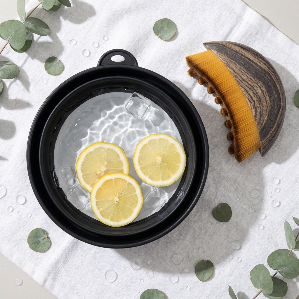 Fyll Glaciéra isvattensskål med isbitar och gärna  3-4 citron slicar, – spa kit hemmaa, vattenterapi, isterapi