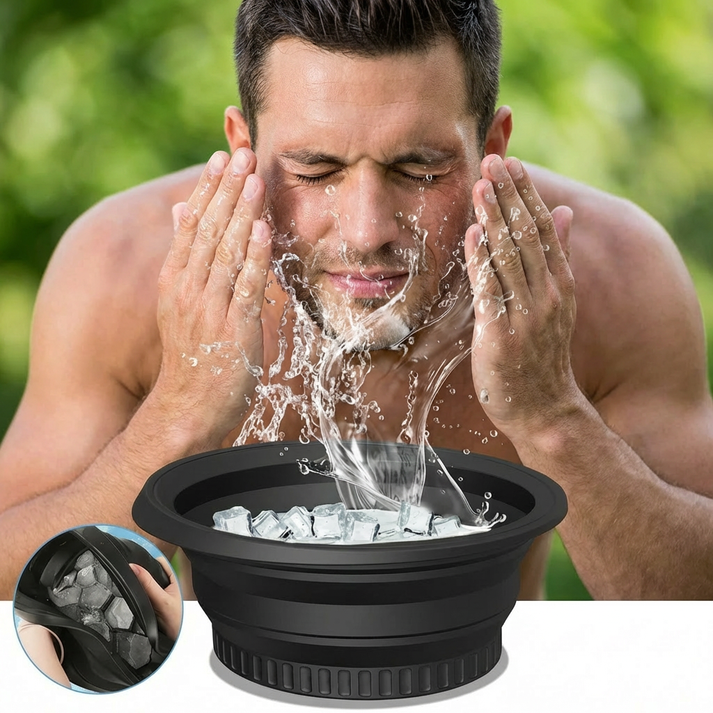 Man använder isvatten Masculine man splashing ice water	ansiktsbehandling hemma med Glaciéra isvattensskål