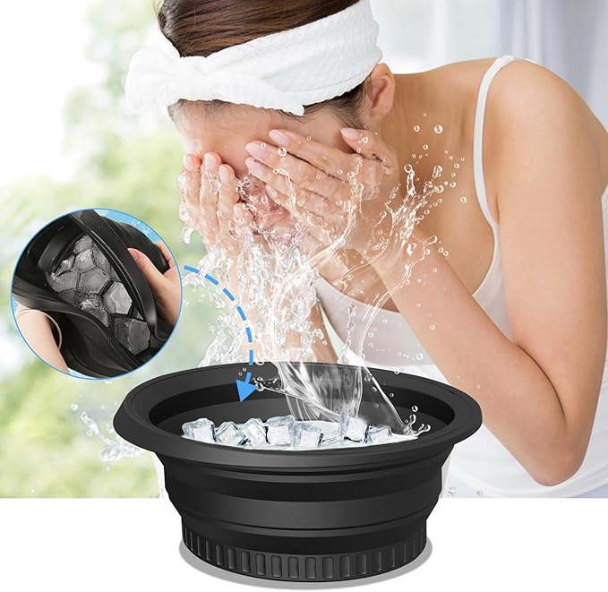 Kvinna gör ansiktsbehandling hemma med isvatten och Glaciéra spa kit